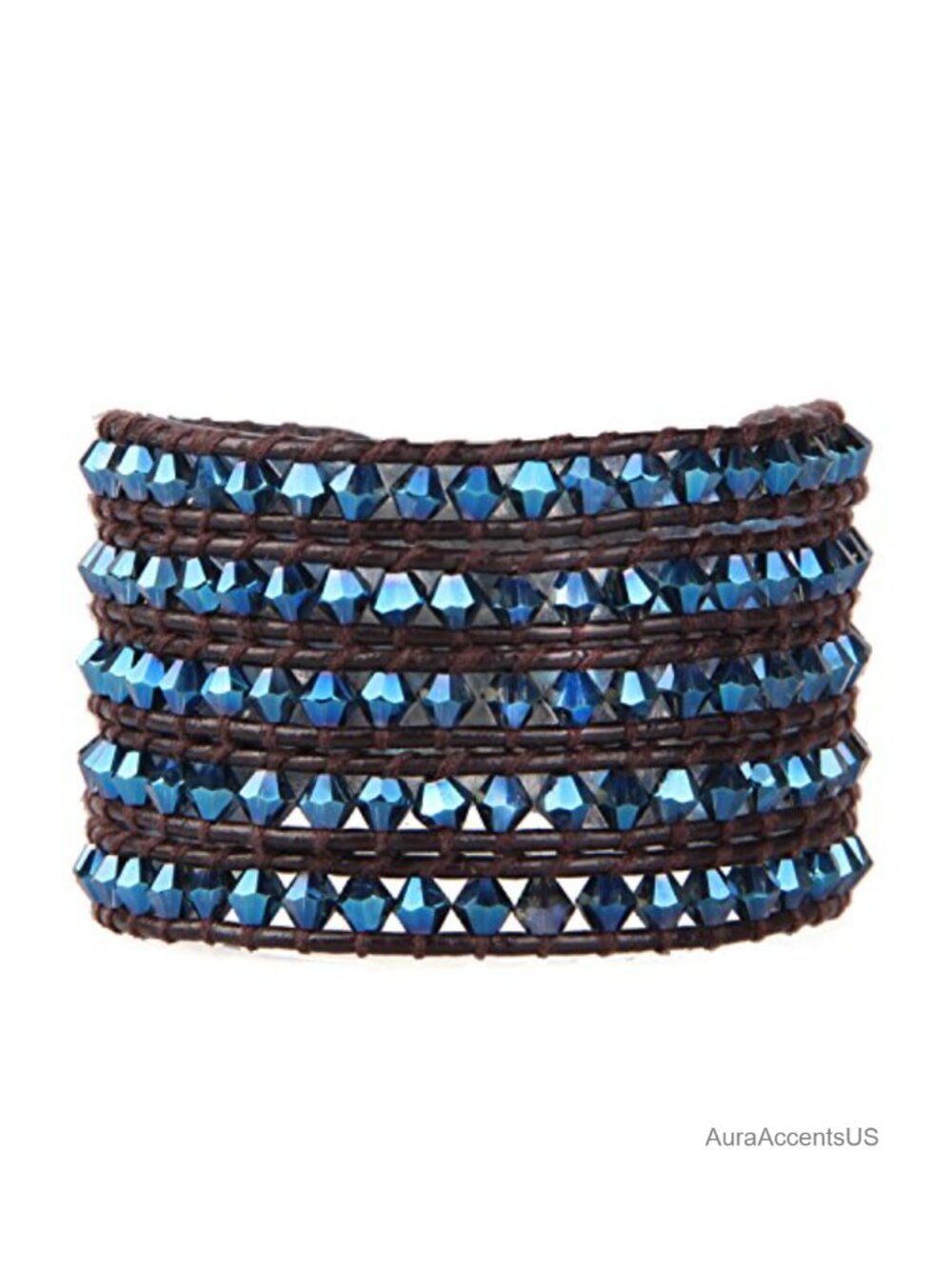Handmade Crystal Beaded Wrap Bracelet Brown Leather 5 Wrap Adjustable Boho